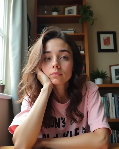 Casual, candid photograph of a person with long, wavy brown hair, resting their head on their hand. The individual has light skin, arched eyebrows, and is wearing a light pink t-shirt with black text and graphics. The background features a wooden bookshelf...