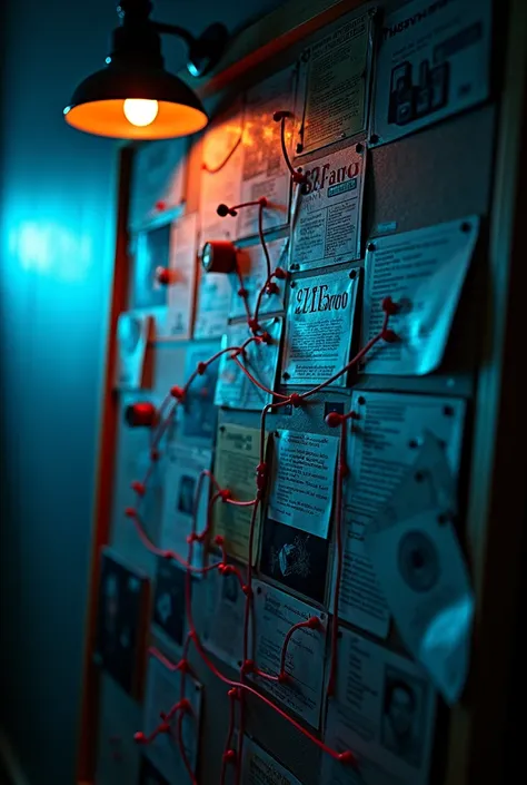 A detectives pinboard filled with a mix of traditional detective clues and digital coding elements. Red strings connect printed lines of code, computer screenshots, binary sequences, and encrypted messages to photographs, maps, and handwritten notes. The b...