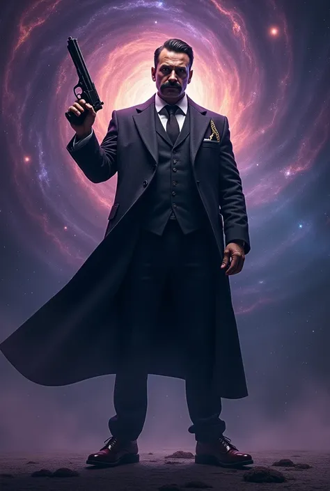 Mafia gangster image with mustache holding gun galaxy background 
