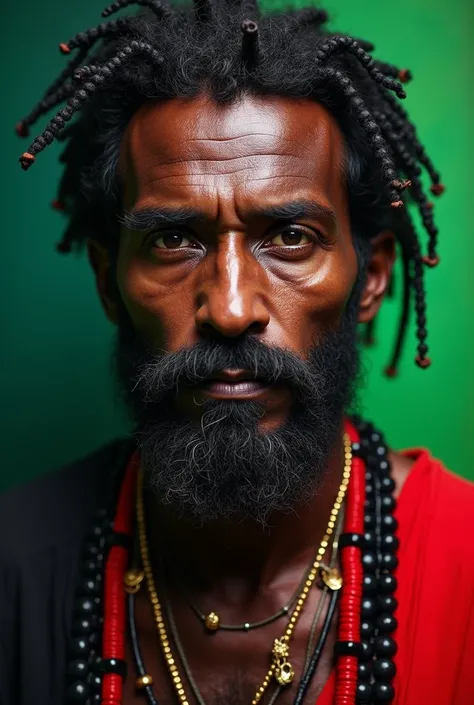 30 years man in green red black white background black hair black beads 