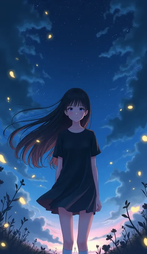 masterpiece, Best Quality, High resolution, Very detailed,(((Young girl with long black hair))), (((Japanese Anime))), (((Black T-shirt))), (((mini skirt))), (((White socks))), (((night))), (((Starry Sky))), (((Mysterious Background))), (((firefly))), , ((...