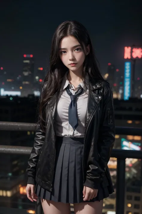 (masterpiece、Best Quality、Best Quality、High resolution、Real、RAW Photo 8k)、(SF、Cyberpunk cityscape at night、Cyberpunk neon city at night:1.2)、European Girls、Bright dark blue eyes、Sharp Eye、Thin Nose、Beautiful Face、Female 1 person、Beautiful girls、Junior high...