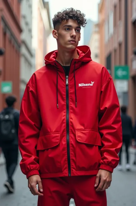 A young man wearing streetwear windbreaker clothing that conveys a lifestyle the clothing brand is called Nilsene in red color 