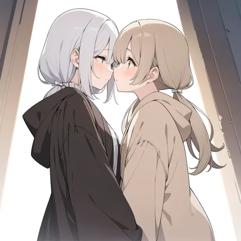 High resolution, 8k, best quality, masterpiece, ultra detailed, anatomically correct, anime, two person group,
(One old women, 80 years old:1.5), she is long straight white Hair, dark brown hooded robe, her hands on girl. One girl, black hooded robe with h...