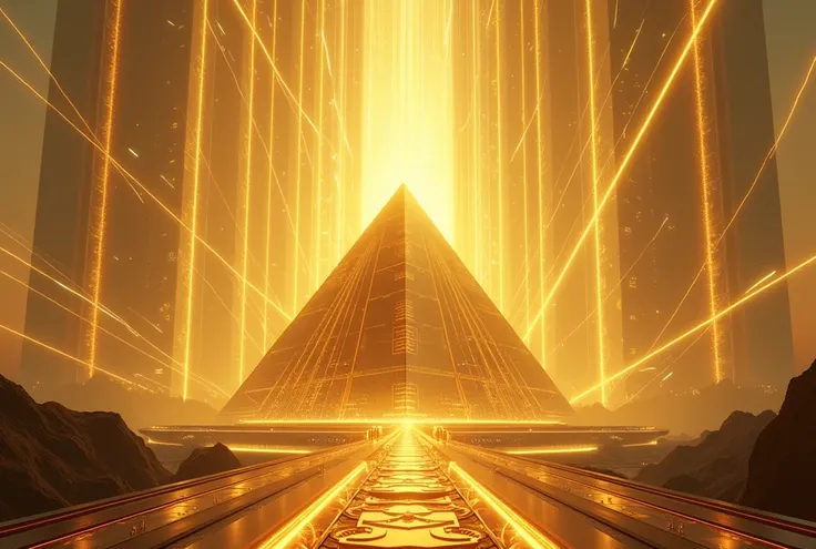 Futuristic background of golden glass pyramid with shining laser beams、It leads to a surreal city filled with gigantic skyscrapers.。. The background resolution is 4k、The aspect ratio is 16。:9.Golden Pyramid, masterpieceAnatomically correct, Super detailed,...