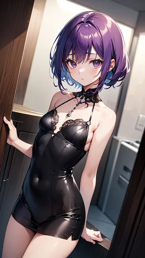 One girl, High resolution, Shortcuts, Dutch Angle, High resolution, Textured skin, Purple Hair,chest, Small breasts,Confused eyes,Blurred, Indoors at night
,chestの前で腕を組む,