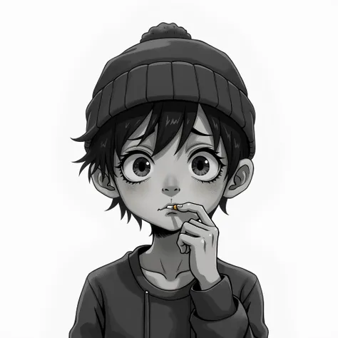 depressing , white background, young boy smoking, cartoon, black white, grainy texture, blank tired stoic face, beanie, front face shot