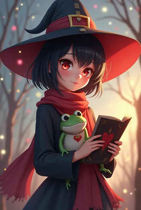 Anime young witch women with follow points:
- short a hair
- red eyes
- wears a small pointy hat
-wears a scarf
- pet frog
- has a magic spellbook
-wears a casual outfit
-mixed comor palette