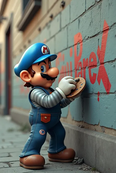 Create an image of Super Mario dressed as a SIGN PAINTER with a gray uniform with reflective stripes, a blue helmet with all the epis and working on a facade writing and drawing the word( PAREX)