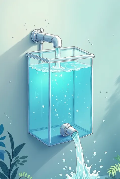 1 wall has a square transparent water tank with cartoon style and it has a pipe to transfer water to other tanks