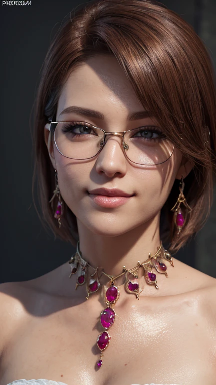 portrait, close-up, upper body. Short, Red hair, Red Eyes, glasses with metal frames, red bra, cheerful smile, happy girl . (masterpiece, top quality, Best quality, official art, beautiful and aesthetically pleasing:1.2), extremely detailed,(fractal art:1....