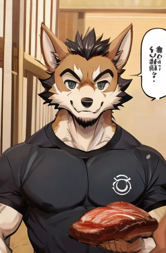 Color Comics、Japanese Manga、Conversation scene、Comical werewolf in a long-sleeved black shirt、Right in front of you、A delicious looking cartoon of meat appears、Happy Face、smile、cute、