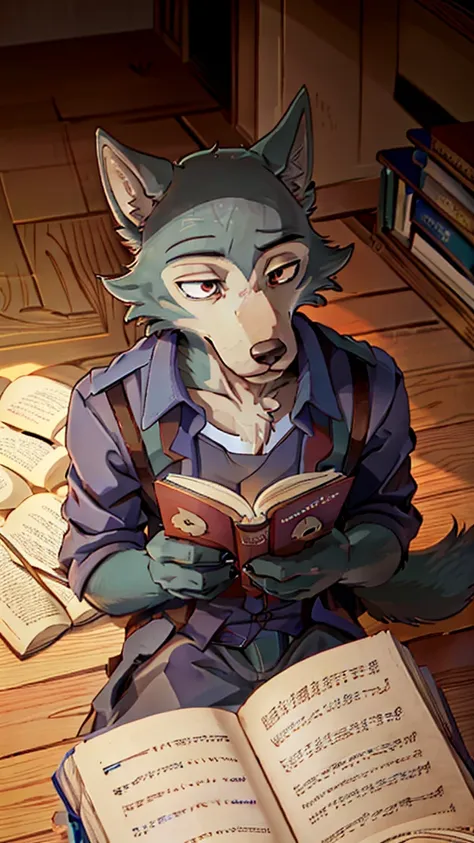 furry wolf, anthropomorphic furry, legoshi, beastars, reading book, reading a lot of books, total focus, super focus on reading,...