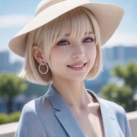 detailed face, cute face, master piece , best quality , woman , bowler hat , bangs , smile , outdoor, Shiny platinum blonde silky super short hair, side locks, beautiful shiny bangs, big clear sky blue eyes, very beautiful light eye highlights,  earrings
