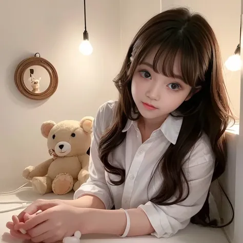 Only one person、There is only one、full body、(((In a cute room、There are lots of stuffed toys、Cute lighting design)))curly hair、Brown Hair、White collared shirt、(((Oversized shirt、I&#39;m only wearing a shirt、All the buttons on the shirt are open)))Big Breas...