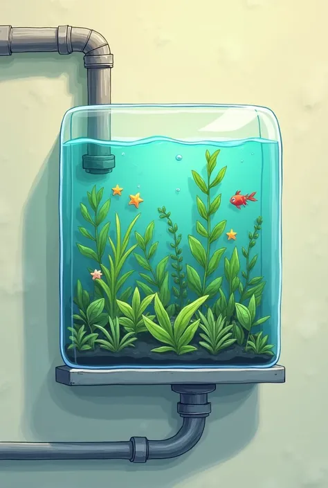 1 wall has a square transparent water tank with plants growing on it in a cartoon style and it has a pipe to transfer water to other tanks