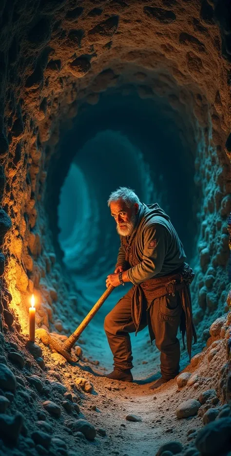 Have a tunnel with mixture soil and rock.The mixture of tunnel wall,have  the various types of gemstone.Have a candle and lighting it.The light is dim.A man is digging the various types of gemstone with pickaxe on the tunnel wall.A man is wear tatters dres...