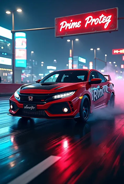 The image shows a hooded thief trying to steal a Honda Civic, with a banner reading Prime Preoteg, at high speed through the city. The neon lights reflect on the wet streets and the urban scene suggests movement. The car has shiny rims and visible exhaust ...