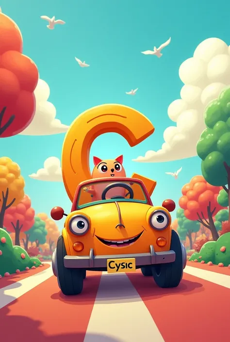 A creature like c shape driving car and cysic written on the car cartoon violet 