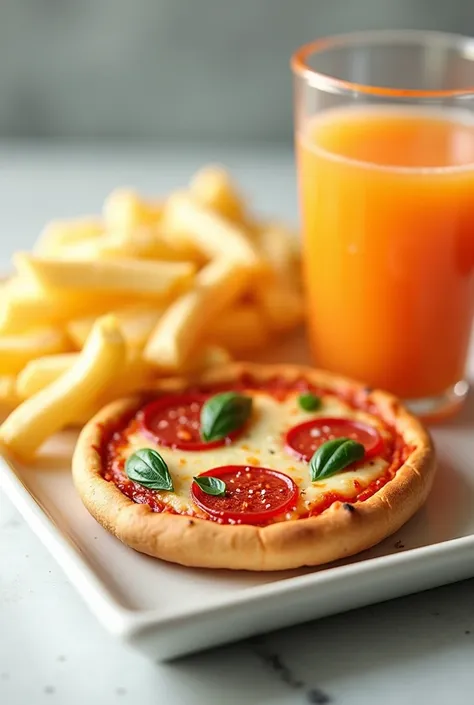 Mini pizza, French fries and juice
