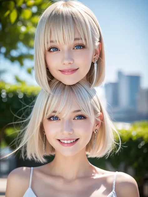 detailed face, cute face, master piece , best quality , woman , bowler hat , bangs , smile , outdoor, Shiny platinum blonde silky super short hair, side locks, beautiful shiny bangs, big clear sky blue eyes, very beautiful light eye highlights, earrings