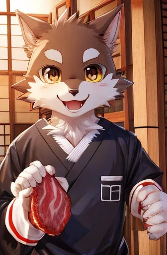 Japanese Manga、Conversation scene、Comical werewolf in a long-sleeved black shirt、Right in front of you、Appetizingly colored meat appears、Happy Face、smile、cute、I&#39;m happy to have meat