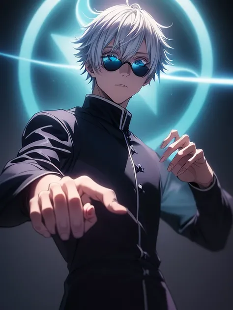 ((High definition, cinematic lighting)), (white smooth hair:1.1, clear aquamarine eyes:1.1, detailed pupils:1.1, white eyelashes), (looking at camera), Jujutsu Kaisen, Gojo Satoru, unparalleled beauty, (Beautiful man, Slim figure, parted sexy lips), serene...