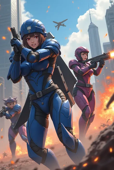 ((masterpiece, hi resolution, ultra quality, Beautiful Anime, 4K)), (Beautiful women in mechanical armor, Blue mechanical armor、Crimson Machine Armor、I can&#39;t wear a helmet、A team of women armed with chainsaws and rifles、A team of a woman armed with a s...