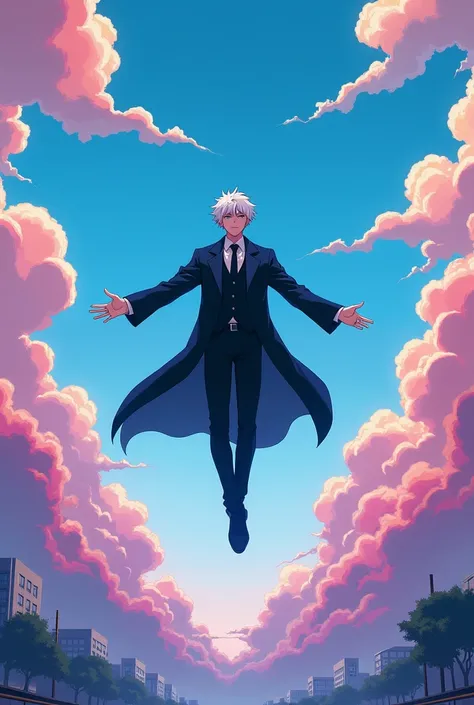 Gojo satoru from jjk, A white haired man in the sky floating freely in the air, young man, a dark blue coat clothes with no blazer, hands wide open freely on both sides, synthwave clouds, man in an open air space, far away some buidlings, man in between cl...