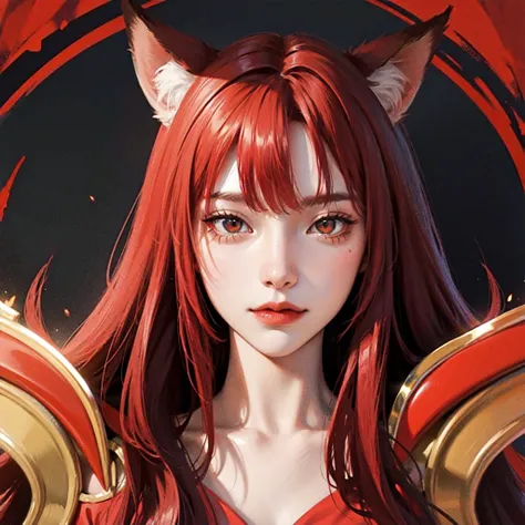 Fantasy human character. Epic fantasy theme. Portrait, fox ears, red hair, red black outfit theme, 