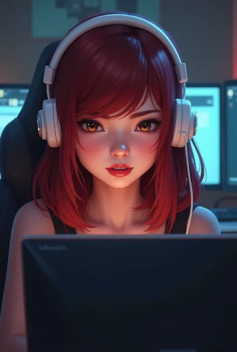 Young gamer with shoulder length hair and dark red hair, brown eyes, red lipstick, with a white headphone on his head in front of the PC