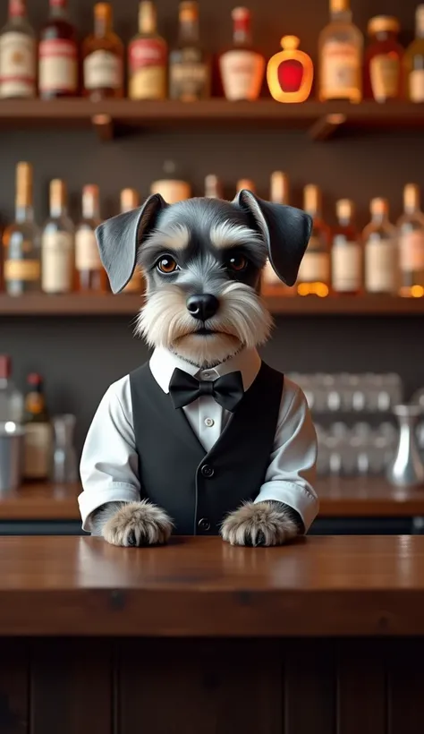 A baby miniature schnauzer dressed in a bar costume stands like a human in a bar