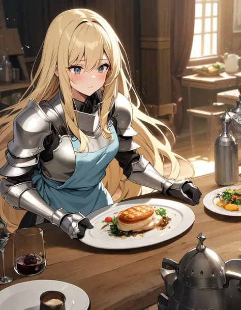 Woman, blonde, long hair, knight, silver armor, light blue apron, table, plate, dark matter on the plate,