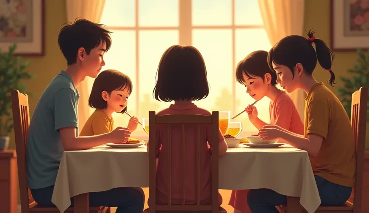 A girl is sitting on a chair、The whole family is gathered around the dining table。The girl&#39;s feet are firmly on the floor、Eating with good posture。The TV is off。