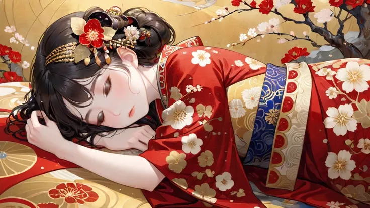 Gustav Klimt style, surreal world, highly detailed illustration. It depicts a young woman in an elaborate kimono decorated with traditional Japanese floral patterns, lying face down and gazing up. Her hair is adorned with decorative accessories, and the ba...