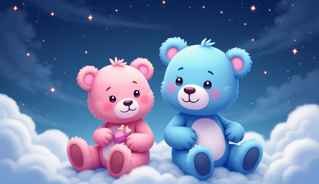 Cartonic pink and blue teddy bears with cloundy and stary night background
