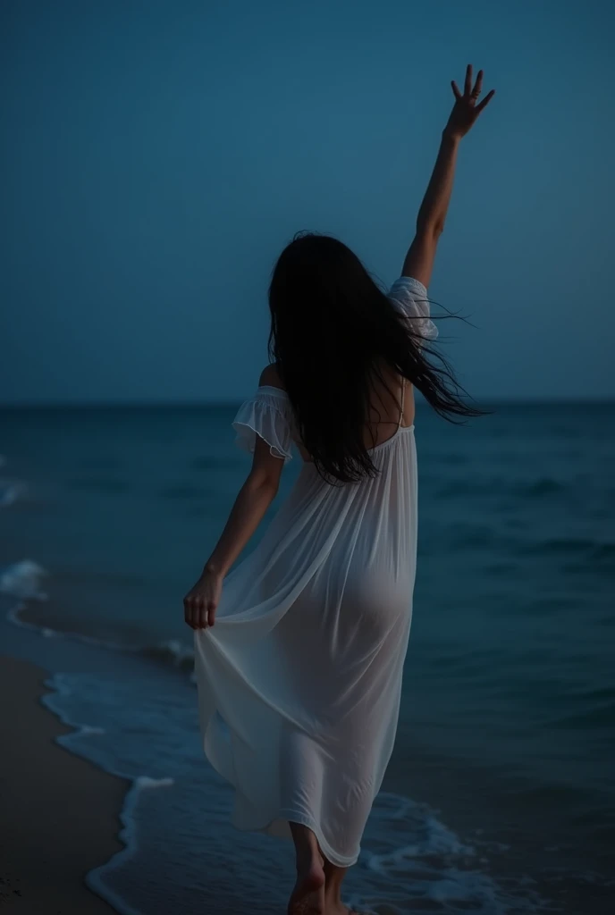 a woman walking on a beach next to a body of water, splashless photography, wavy black hair, Annabeth Chase, porn star body, wearing a nightgown, she is reaching for the sky, boho, looking back, wearing a dress, night summer, wandering around the colony, t...