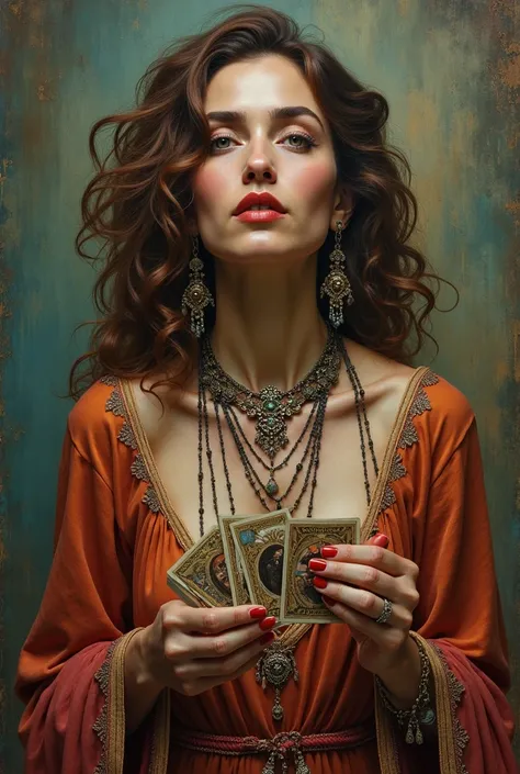 A gypsy woman aged 40, brown wavy hair,  Wearing necklaces, earrings40 years. dancing, with deck of cards in hands,