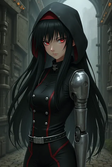 Black haired girl, red eyes with a steel prosthesis on his left arm  small height and long hair fullmetal alchemist