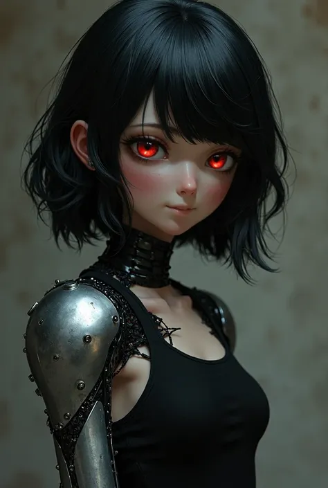 Black haired girl, red eyes with a steel prosthesis on his left arm  short height and black hair