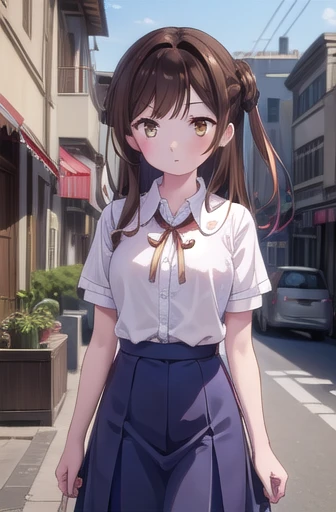 mizuharachizuru, mizuhara chizuru, long hair, brown hair, (brown eyes:1.7), (one side up:1.5), bangs, braid, hair braid,
BREAK shirt, short sleeves, puffy sleeves, collared shirt, white collar, pink shirt, skirt, blue skirt,
BREAK outdoors, city,
BREAK loo...