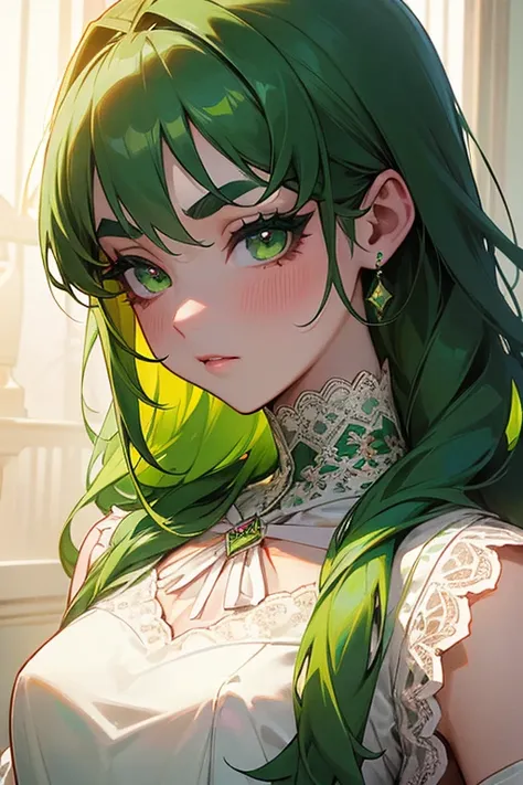 (Best Quality, masterpiece:1.2), High resolution, Very detailed, Realistic:1.37, Fantasy, shape, Green Eyes、((Green Hair)).Queen Platinum Decoration、beautifully、Eyeshadow Red、Thick eyebrows、Long eyelashes、The student is black、((Her hair is bright green)).E...