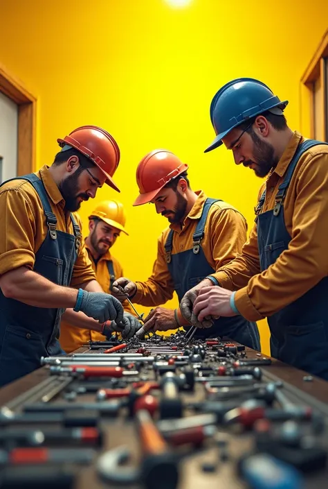 Yellow background and in the image there is an electrician mechanic and other hardware repair workers with their tools 