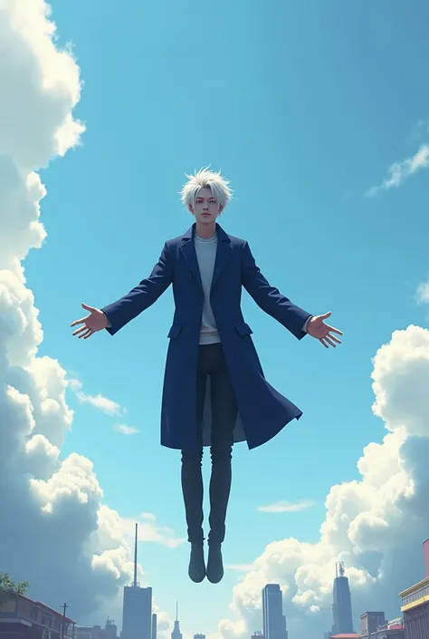 Gojo satoru from jjk, pure realistic, high detailed, unreal engine, A white haired man in the sky floating freely in the air, young man, a dark blue coat clothes with no blazer, hands wide open freely on both sides, synthwave clouds, man in an open air spa...