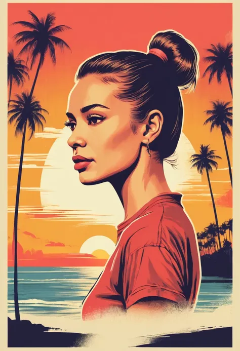 retro_t-shirt, female face in profile, raised chin, ponytail, latin features, with a sunset in the background, beach and palm tr...