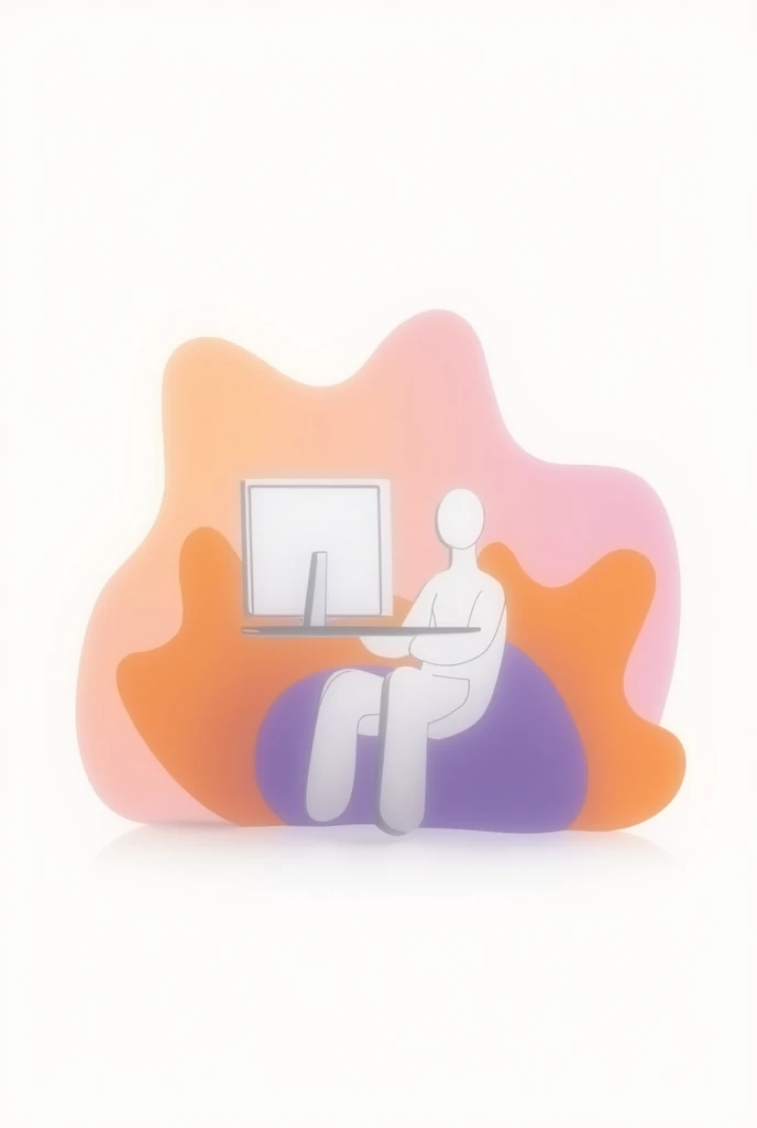 a simple line art illustration of a person at the computer sitting on a beanbag surrounded by fluid orange and purple vectors
