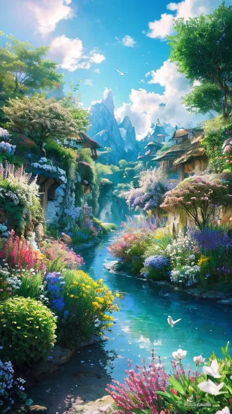 masterpiece, 最high quality, high quality,Very detailed CG unity 8k wallpaper, Enchanting and dreamy fantasy forest scenery, Seven-Colored Garden, Valley of the Fairies with a River Flowing Through It, Mysterious and fascinating, Sky Blue Sky, White dove fl...