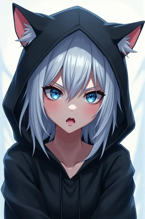 Girl with cat ears, in a black hoodie, With white hair and blue eyes, looks angry, like an anime heroine.