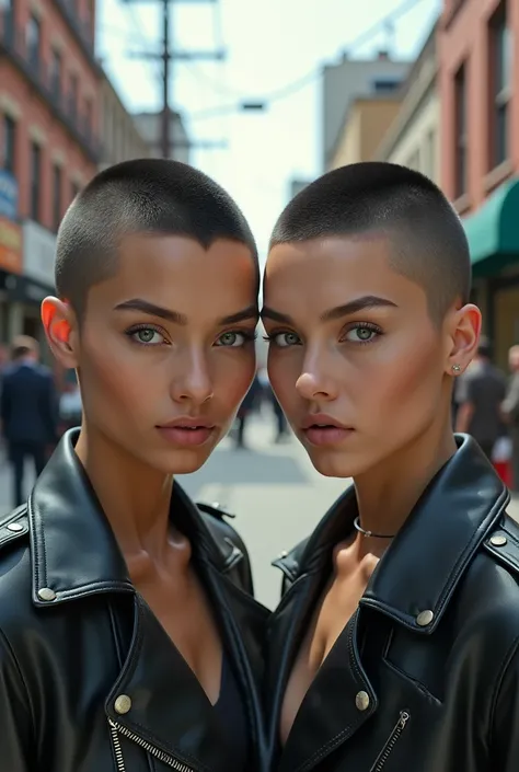 (photorealism:1.2), close up shot of a beautiful 2 woman with crew cut on a street 