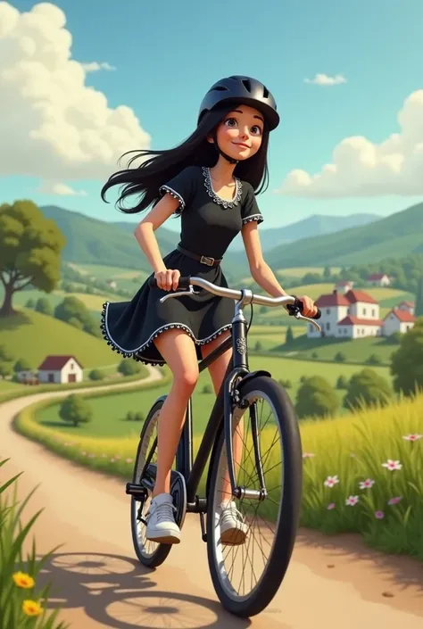 Girl 30 years, long straight black hair, riding a bike with a black helmet, wearing short black short sleeve dress with white collar trim and white waste trim and sneakers, through the country side of france. Pixar 